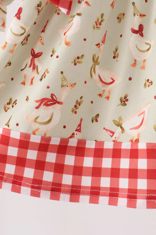 Merry Little Geese Embroidered Gingham Ruffle Dress