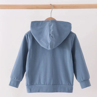A dusty blue hooded sweatshirt shown from the back, hanging on a wooden hanger from a light wood clothing rack against a plain off-white background.