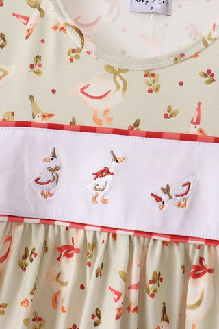 Merry Little Geese Embroidered Gingham Ruffle Pants Set