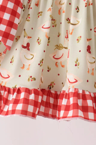 Merry Little Geese Embroidered Gingham Ruffle Pants Set