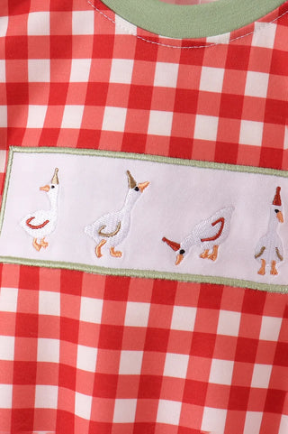 Merry Little Geese Embroidered Gingham Boy Bubble