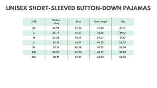 A size chart table for unisex short-sleeved button-down pajamas, showing clothing sizes from XS to 3XL with measurements for length, bust, pant length, and hip on a white background.