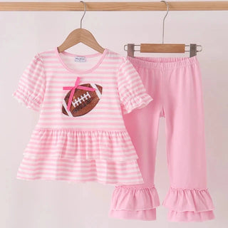 Touchdown Twinkle Sequin Stripe Ruffle Girl Pants Set