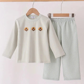 Harvest Turkey Trio Embroidered Gingham Boy Pants Set