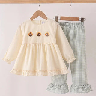 Harvest Turkey Trio Embroidered Gingham Ruffle Pants Set