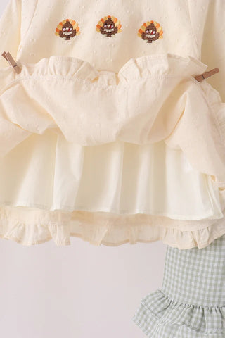 Harvest Turkey Trio Embroidered Gingham Ruffle Pants Set