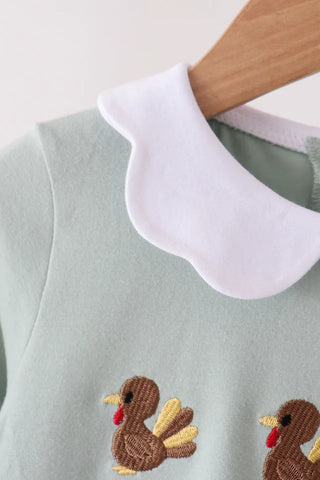Three Gobblers Embroidered Scalloped Girl Dress