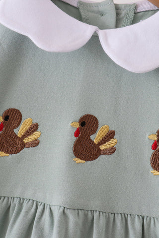 Three Gobblers Embroidered Scalloped Girl Dress