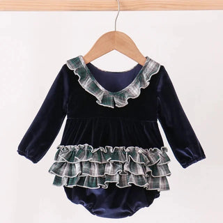 Aspen Navy Velvet Plaid Ruffle Bubble