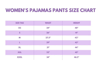 Women's pajama pants size chart on a white background