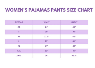Women's pajama pants size chart on a purple background