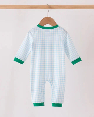 A baby long-sleeve footless romper hanging on a wooden hanger, featuring a light blue and white gingham check pattern with green ribbed trim at the collar, cuffs, and hems.
