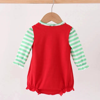 A baby romper hanging on a wooden hanger, featuring a solid red front panel and light green and white striped long sleeves, set against a plain light background.