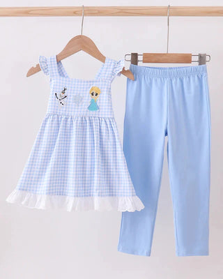 Children's blue checkered dress and pants set on a white background