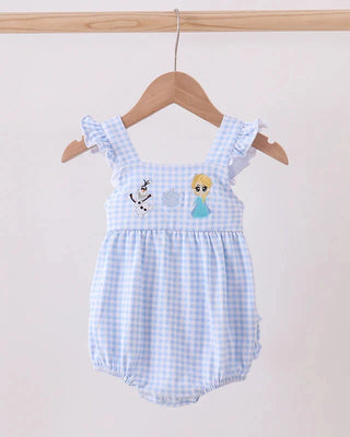 Blue checkered baby romper with cartoon character on a wooden hanger against a white background