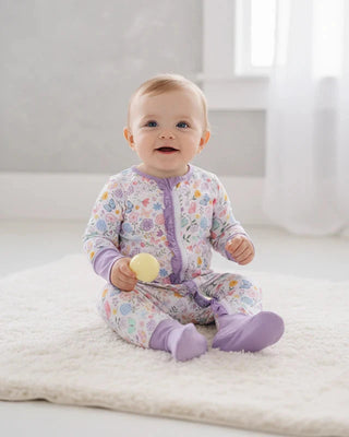 Baby in a floral onesie holding a yellow ball on a light-colored floor.