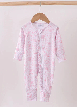 Pink baby onesie with floral pattern on a hanger against a white background