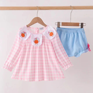Thankful Tilly Turkey Embroidered Gingham Girl Bloomer Set