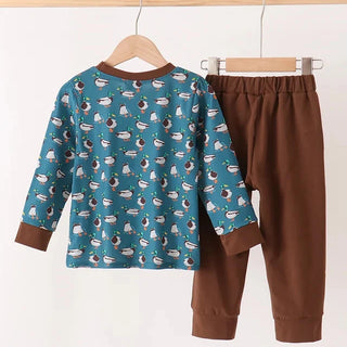 A two-piece children's outfit hanging on wooden hangers against a plain white background. The set includes a teal long-sleeve top with a repeating pattern of white and brown bears and brown cuffs, paired with solid brown pants.