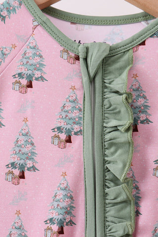 Rosy Spruce Holiday Bamboo Ruffle Baby Zip Romper