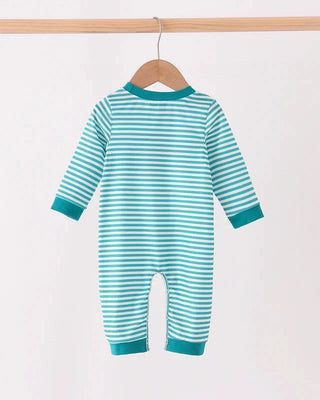 A baby long-sleeve footless jumpsuit with teal and white horizontal stripes, hanging on a wooden hanger from a light wood rod against a plain off-white background.