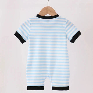 A baby short-sleeve romper with light blue and white horizontal stripes, featuring black trim on the collar, sleeve cuffs, and leg openings, hanging on a wooden hanger.