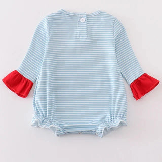 A baby long-sleeve romper with light blue and white horizontal stripes, featuring bright red ruffled cuffs and a ruffled hem, shown from the back on a light off-white background.