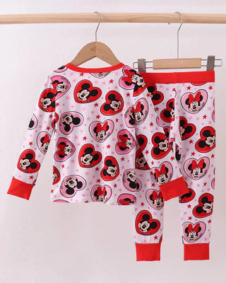 Children's pajama set with Valentine character pattern on a hanger against a white background
