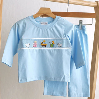 Blessed Nativity Blue Smocked Boy Pants Set