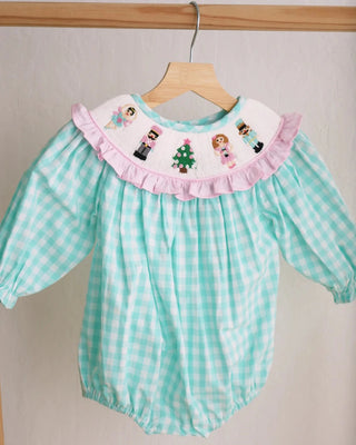 Mint Christmas Nutcracker Smocked Gingham Bubble