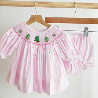 Pink Frosted Christmas Tree Smocked Bloomer Set