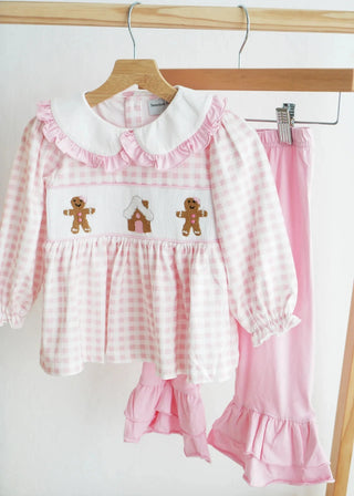 Sweet Gingerbread House Pink Smocked Ruffle Pants Set