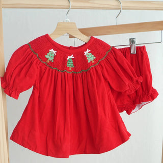 Festive Christmas Tree Red Smocked Girl Bloomer Set