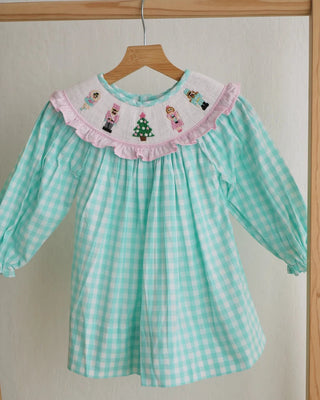 Mint Christmas Nutcracker Smocked Gingham Dress