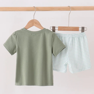 A two-piece children's outfit hanging on wooden hangers from a light wood rod. The set includes an olive green short-sleeve t-shirt and light blue and white gingham check shorts.