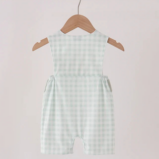 A sleeveless baby romper with a light green and white gingham check pattern, hanging on a wooden hanger from a wooden clothing rack against a plain off-white background.