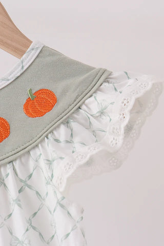 Pumpkin Trellis Embroidered Bow Ruffle Dress