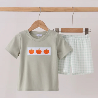 Pumpkin Row Embroidered Sage Boy Shorts Set