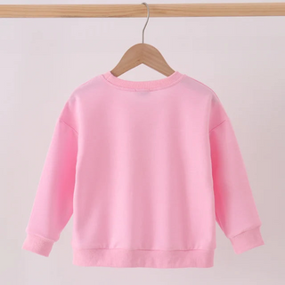 A light pink long-sleeve crewneck sweatshirt hanging on a wooden hanger from a wooden clothes rack against a plain off-white wall.