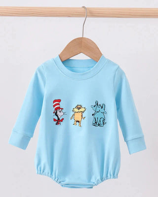 Light blue baby romper with cartoon characters on a wooden hanger against a white background