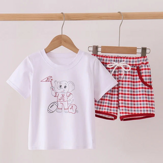 A children's two-piece outfit set hanging on a wooden hanger bar. The set includes a white short-sleeve t-shirt with a cartoon elephant graphic and matching red and white gingham shorts with red trim.