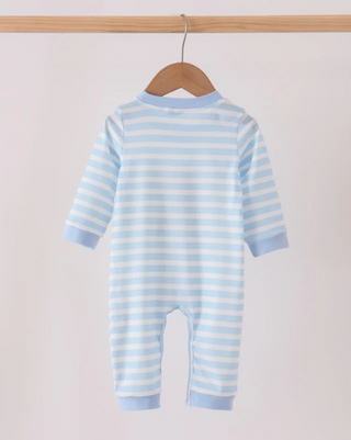 A baby long-sleeve footless jumpsuit with light blue and white horizontal stripes, hanging on a wooden hanger from a wooden clothes rack against a plain light background.