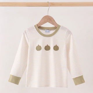 A boy long-sleeve top with thin cream and light green horizontal stripes, featuring olive green ribbed trim at the collar, cuffs, and hem. The front has three olive green embroidered pumpkins.