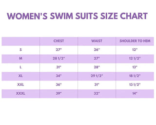 Women's swim suits size chart on a purple background