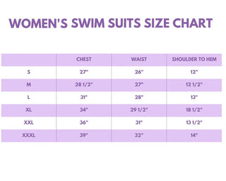 Women's swim suits size chart on a purple background