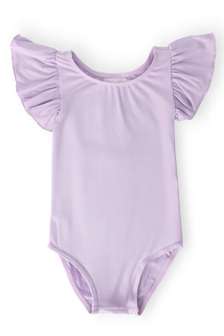 Lavender leotard with ruffled sleeves on a white background