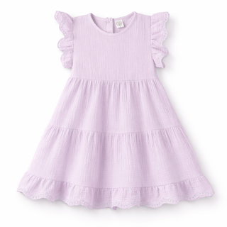 Lavender dress with ruffled sleeves and hem on a white background