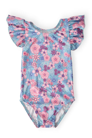 Floral leotard with ruffled sleeves on a white background