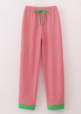 Red and white striped pajama pants with Christmas tree embroidery and a green drawstring.