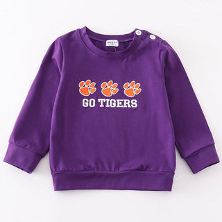 Purple long sleeve boy top with embroidered orange tiger paw prints and Go Tigers slogan